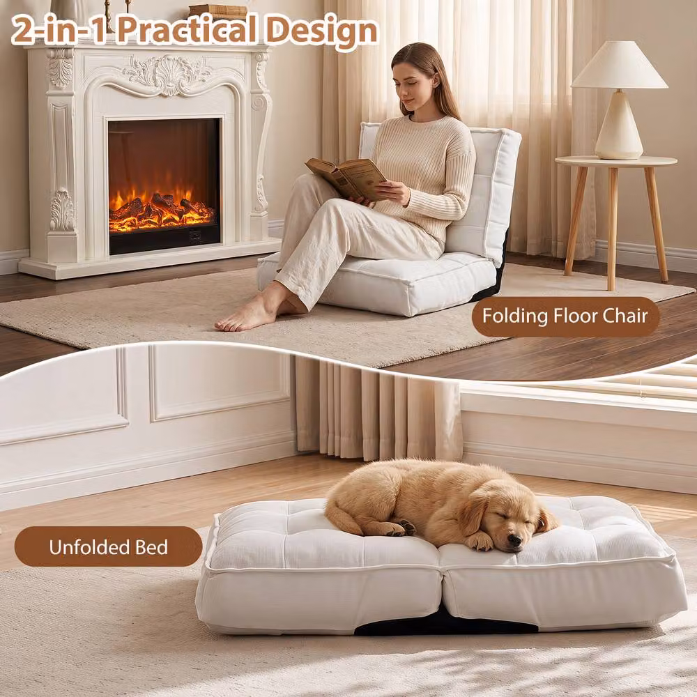 Gymax Folding Corduroy Floor Chair with Reclining Backrest and Foam Filling in White – 4