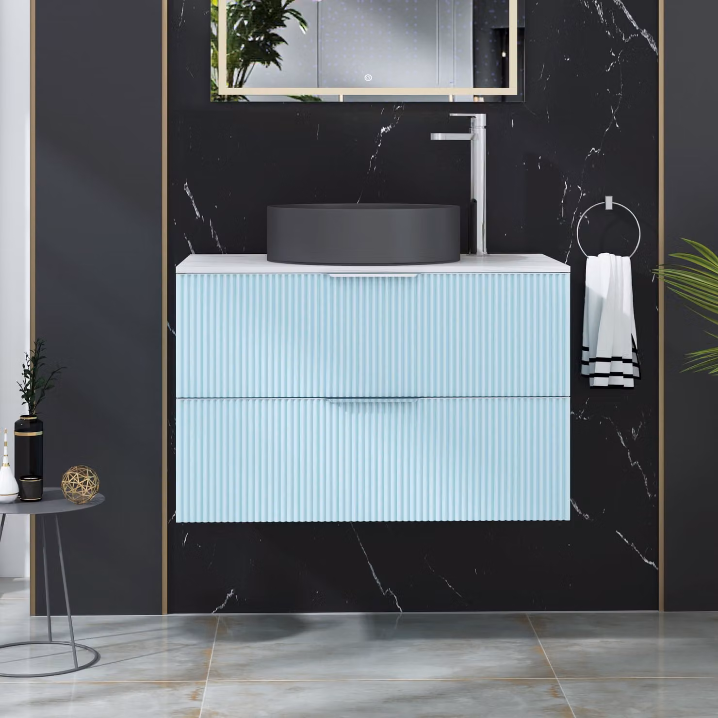 Royal Bathrooms Evora 800mm Powder Blue Fluted Wall Hung Countertop Vanity Unit with 2 Drawers and Art Round Basin