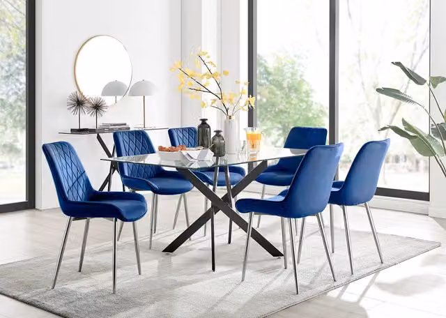 FurnitureboxUK Leonardo Black Leg Glass Dining Table with 6 Blue Pesaro Silver Chairs