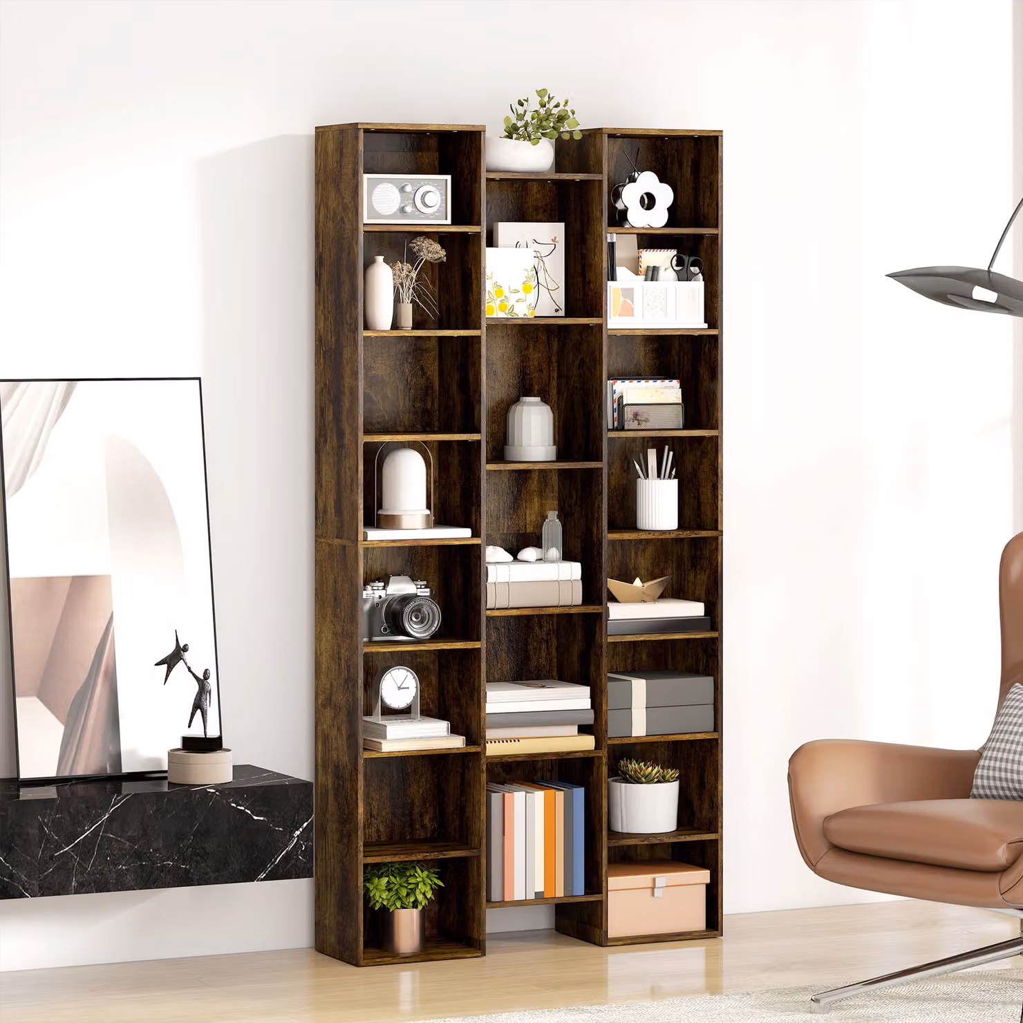 HOMCOM 21-Compartment Modern Brown Wood Cube Bookshelf with Adjustable Shelves and Back Panel – 7