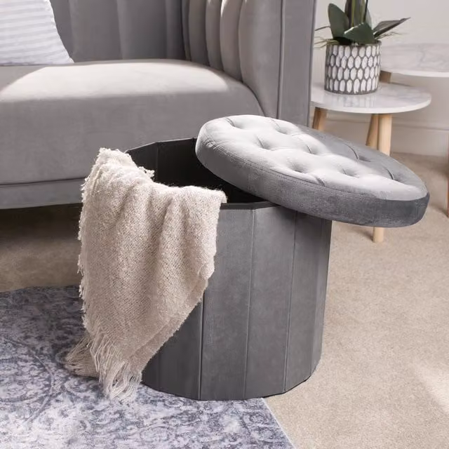 OHS Grey Velvet Folding Ottoman Storage Box, W/D/H: 45 x 45 x 45 cm