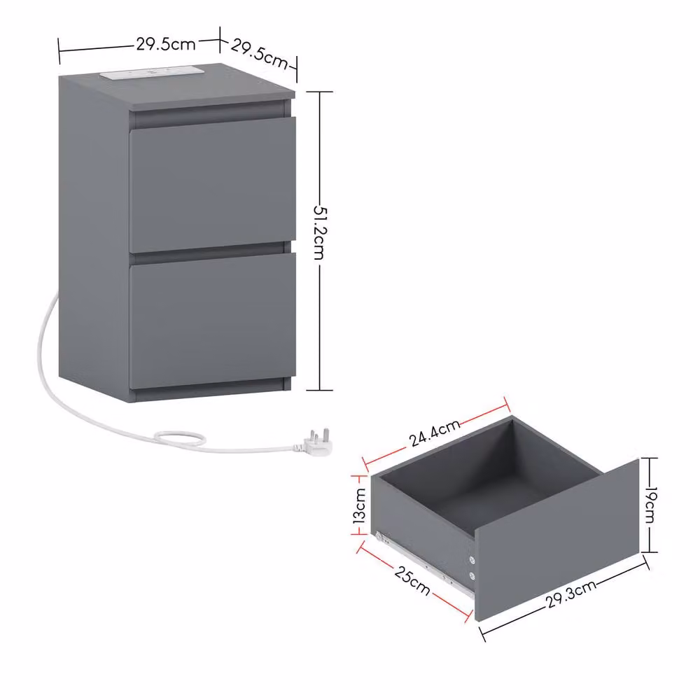 Vida Designs Denver 2 Drawer Bedside Chest with Power Outlet in Grey – 3
