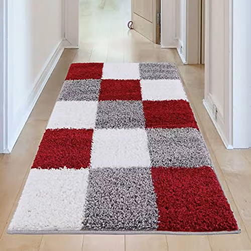 THE RUGS Modern Checked High Pile Shaggy Area Rug in Red and Grey, W: 80 cm, L: 150 cm – 5