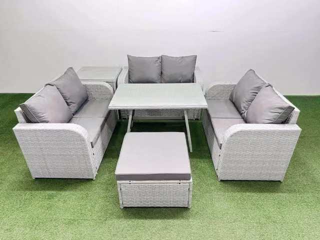 Fimous 7-Seater Patio Furniture Set with Rectangular Table, Love Sofa, Side Table and Stool in Light Grey