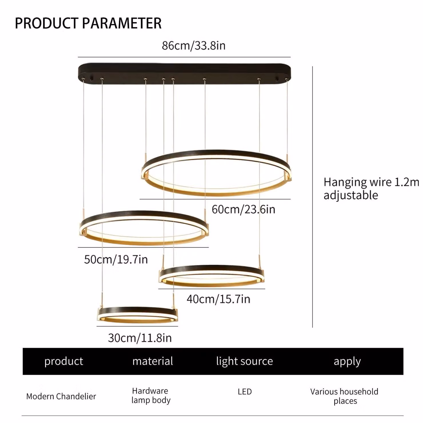Garwarm Modern 4 Ring LED Dimmable Chandelier in Black and Gold/Brass with Remote Control – 3