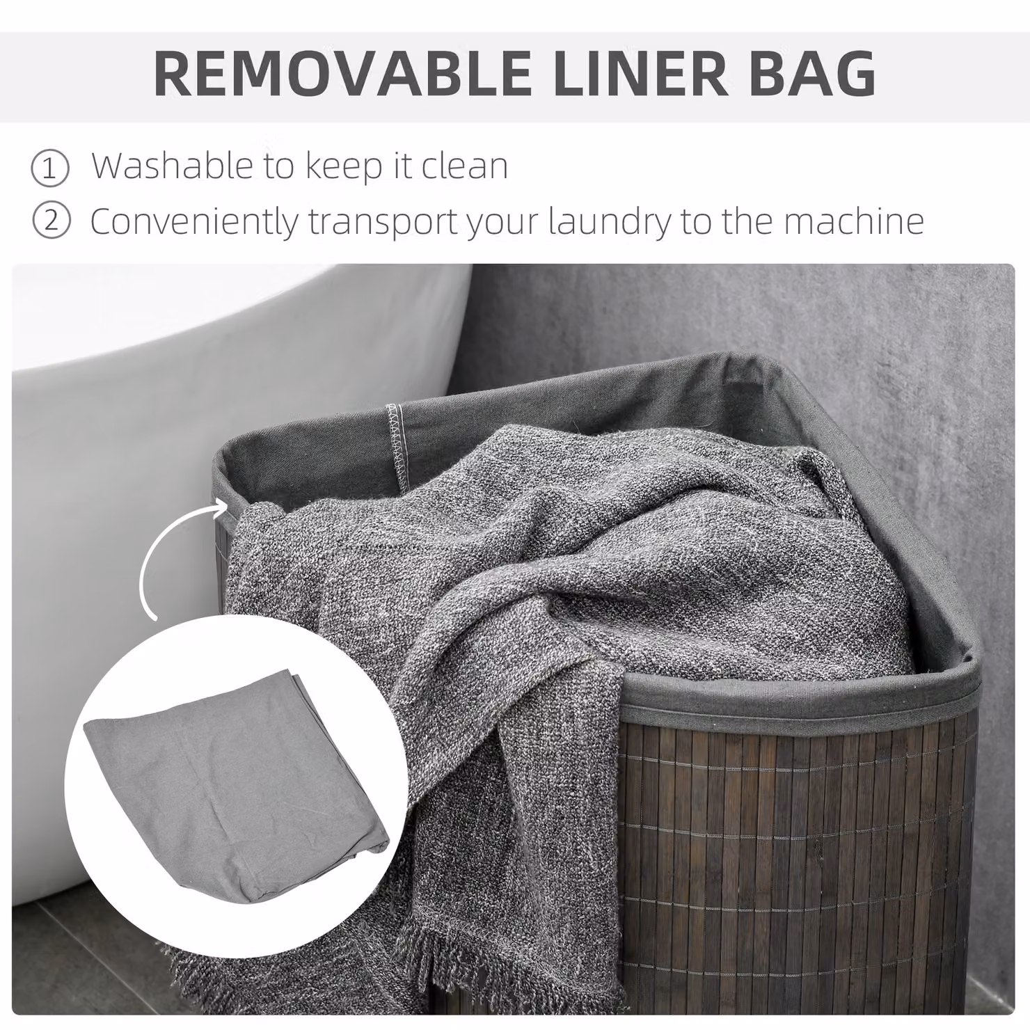 HOMCOM Bamboo Corner Laundry Basket with Lid and Removable Liner, 55L, Grey, W/D/H: 38 x 38 x 57 cm – 4