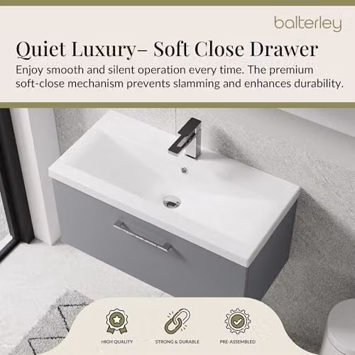 Balterley Wall Hung Single Drawer Vanity Unit with Mid Edge Sink and Handle, Grey, W: 81.0 cm, D: 39.0 cm, H: 39.9 cm – 3