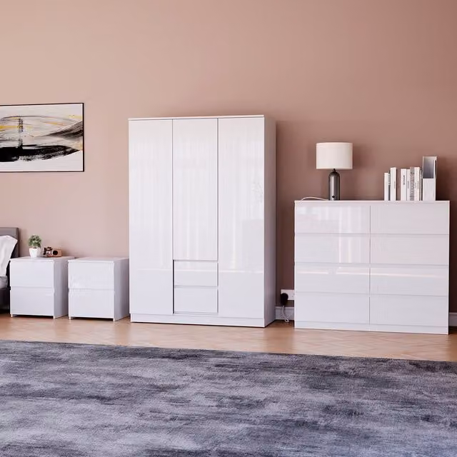Vida Designs Glinton 4 Piece FSC Bedroom Set in White Glossy Finish