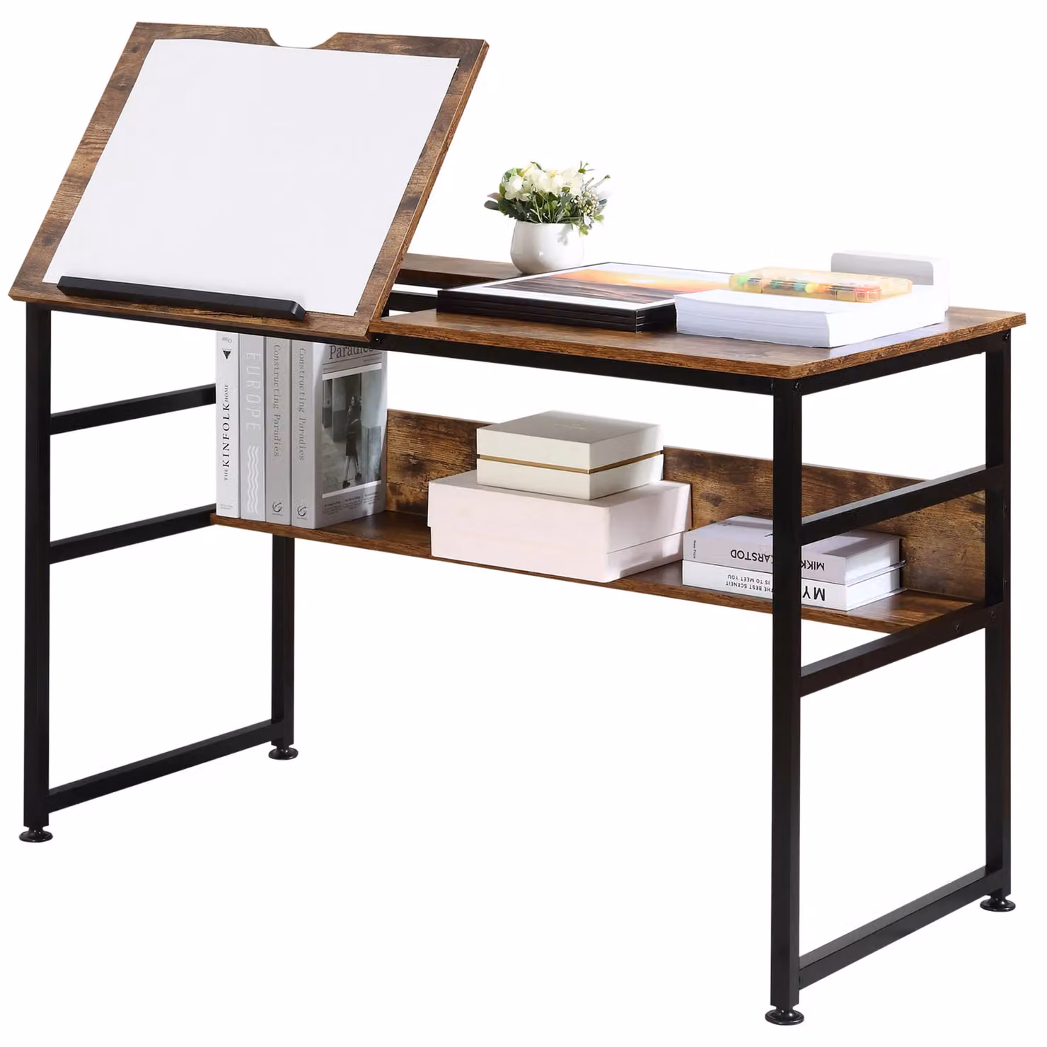 HOMCOM Tiltable Drafting Table and Computer Desk with Open Shelf in Brown – 3