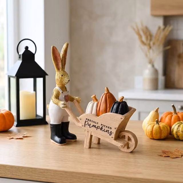 Garden Greatness Rabbit Ornament with Pumpkins in a Wheelbarrow, Multicolour Rustic Tabletop Decoration