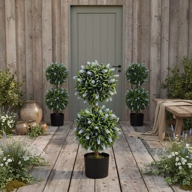 Wyld Haus Set of 2 Blue and Green Artificial Lavender Ball Topiary Trees in Metal Pots, Height: 70 cm