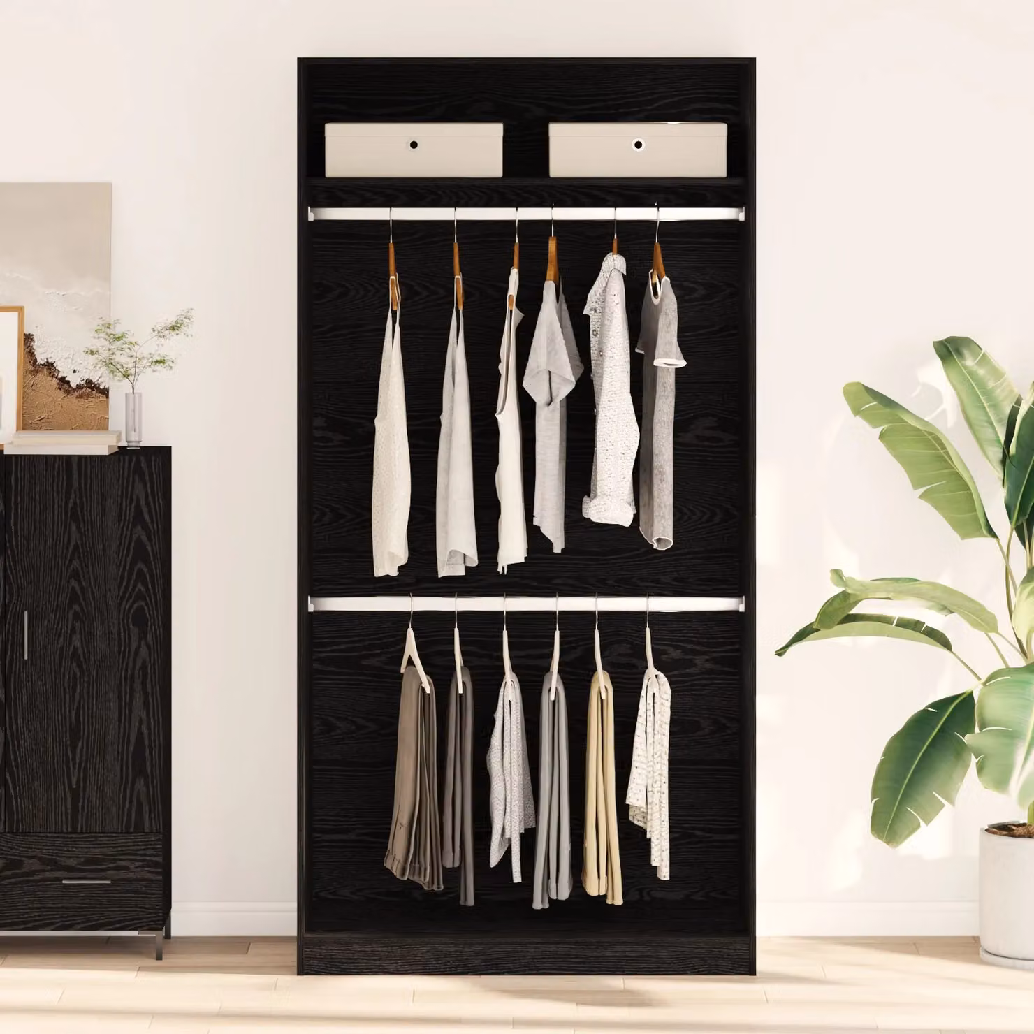 Berkfield Home Black Oak Wardrobe in Black MDF with Internal Shelves and Hanging Rod, W/D/H: 100 x 50 x 200 cm – 3