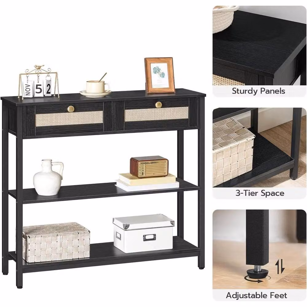 FLAVORA Black Rattan-Style Rectangular Console Table – 5
