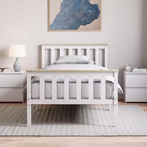 Vida Designs Milan Single Bed Frame in White and Pine, Solid Wood, H 82 x W 97 x D 197.5 cm