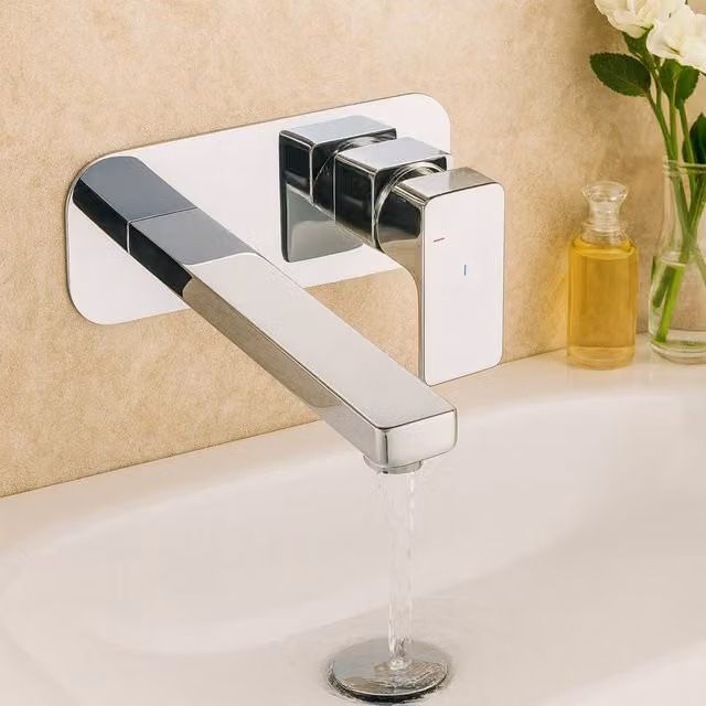 Bathroom Kingdom Quadrado Chrome Square Wall Mounted Single Lever Basin Mixer Tap in Silver