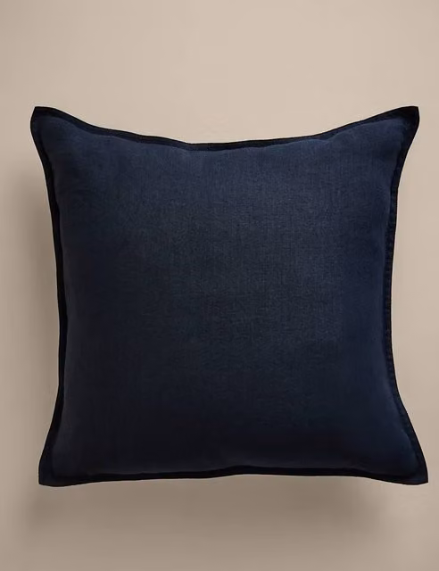 M&S Pure Linen Square Cushion with Flange Trim in Navy Blue