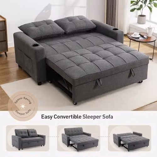 More4Homes Hudson 2-Seater Click Clack Sofa Bed in Grey Linen Fabric with Cup Holders – 4