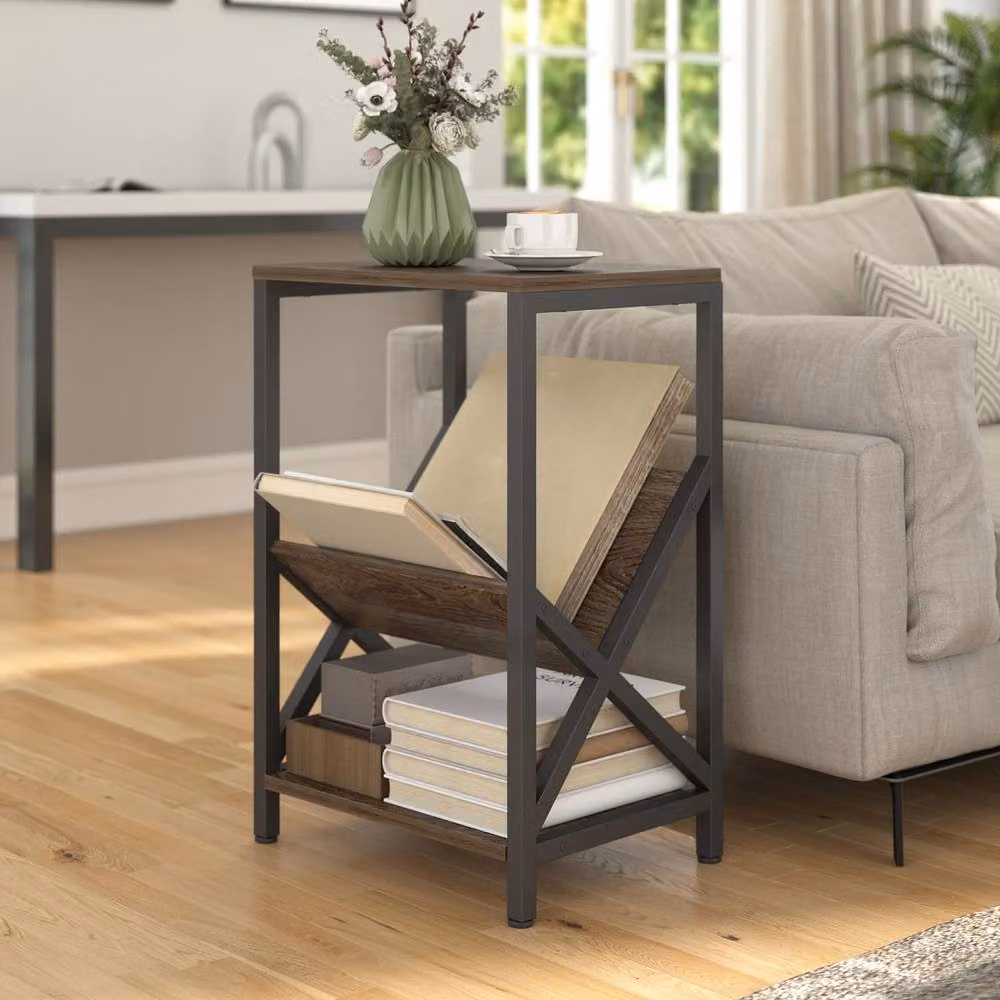 Wyld Haus Elfi Nere Oak Effect Narrow Side Table with Magazine Holder and 3 Tiers in Light Oak – 3