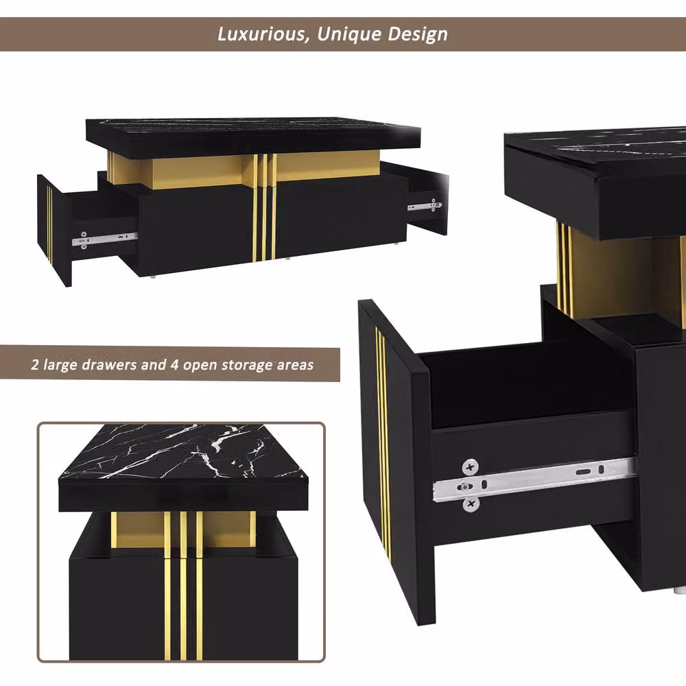 Merax Black Rectangular Sofa Centre Table with Marble-Effect Top and 2 Drawers, W: 100 cm, D: 50 cm, H: 40 cm – 4