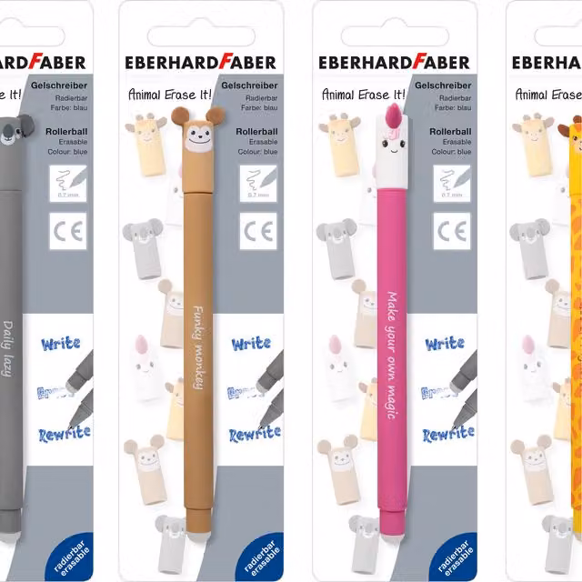 Eberhard Faber Animal Erase It! Rollerball Pens with Blue Ink, 6 Blister Cards in 4 Designs, Yellow and Multicolour