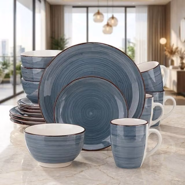 Alivio 16-Piece Porcelain Dinner Set in Grey and Blue Glaze for 4 People