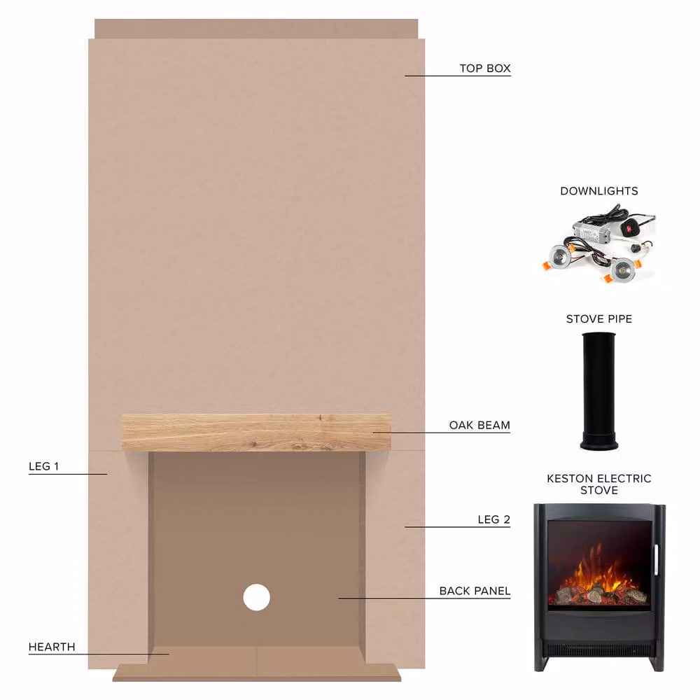 Acantha Fires & Fireplaces Pre-Built Media Wall 1 with Keston Black Electric Stove in Natural, W/H: 225 x 116 cm – 1