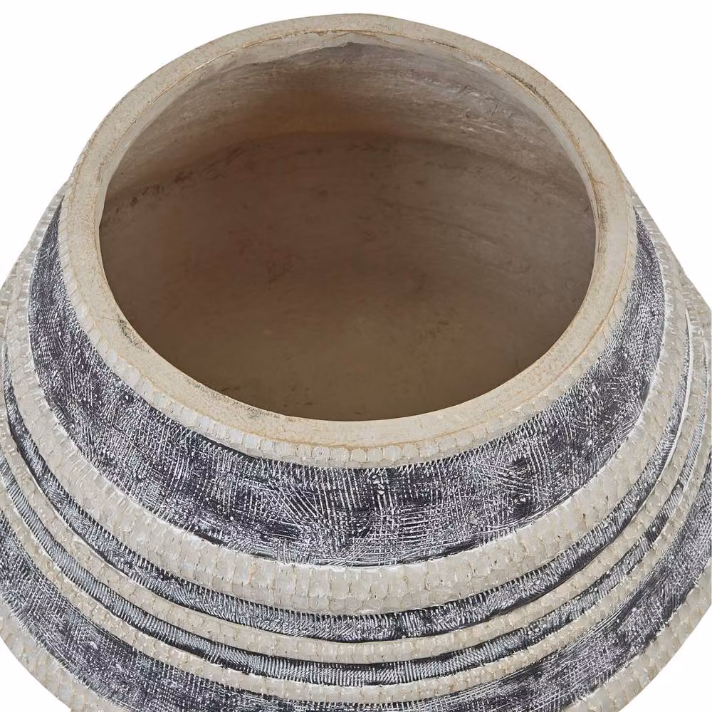 Wyld and Coco Evergreen Hand Painted Fibre Clay Plant Stand in Beige and Grey, Round, H 37 cm x W 54 cm x D 37 cm – 3