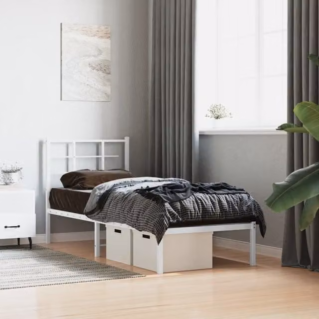 Berkfield Home Metal Bed Frame with Headboard in White, W/D/H: 80 x 200 cm