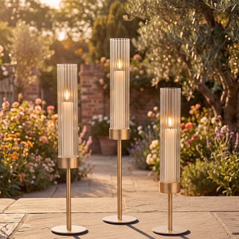 Levede Set of 3 Gold Fluted Metal and Glass Hurricane Candle Holders for Taper Candles – 2