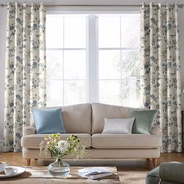 Laura Ashley Eglantine Made to Measure Blackout Eyelet Curtains in Seaspray Blue Multicolour Floral Fabric