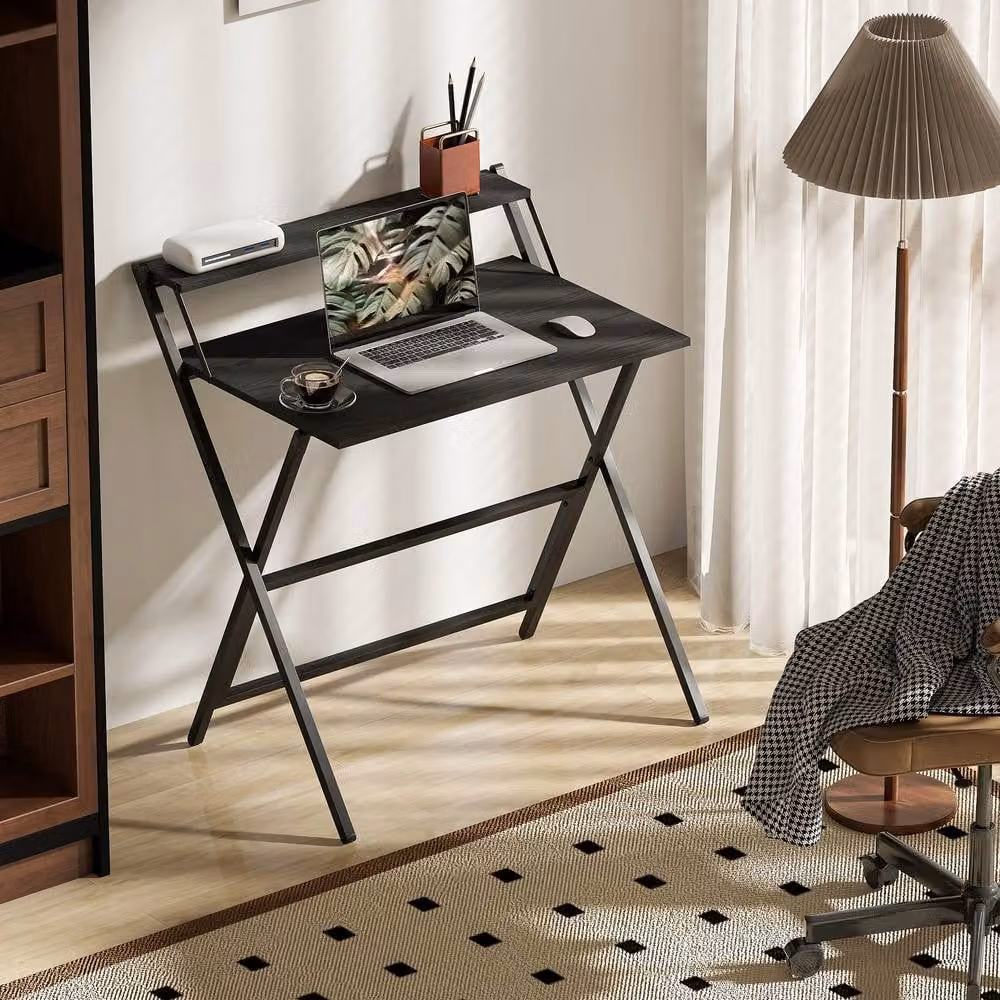 STILVORA Foldable Black Metal Desk with Monitor Shelf for Home Office – 3