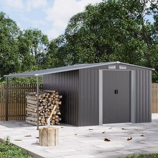 Breeins Durable Metal Outdoor Storage Shed with Lean-to, Dark Grey