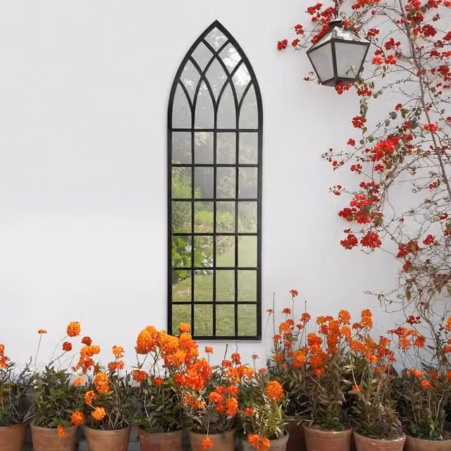 MirrorOutlet Large Metal Arched Garden Wall Mirror in Antique Black, H 140 cm x W 40.5 cm