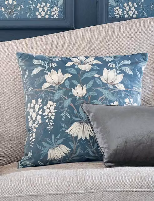 Laura Ashley Blue Mix Velvet Parterre Floral Square Cushion