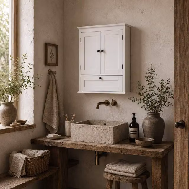 Wyld Haus Nelavi White Wall Mounted Bathroom Cabinet with Hinged Doors and Adjustable Internal Shelves W/D/H: 62 x 22 x 55 cm