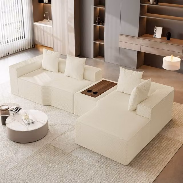 Dprodo Beige Corduroy Right L-Shaped Modular Sofa with Cup Holder Table and Scatter Cushions, 320 cm