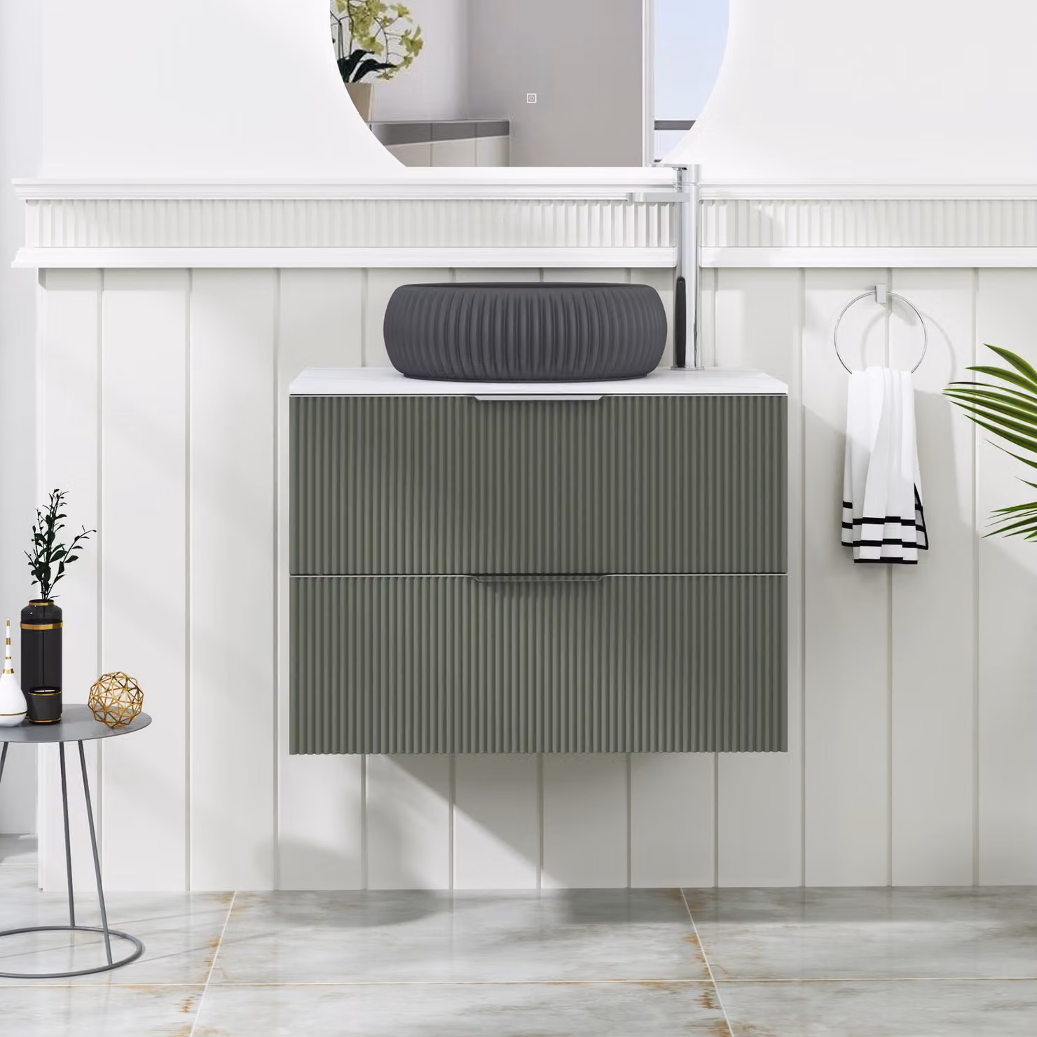Royal Bathrooms Evora Fluted 2 Drawer Sage Green Wall Hung Vanity Unit with Carrara White Stone Top and Countertop Basin