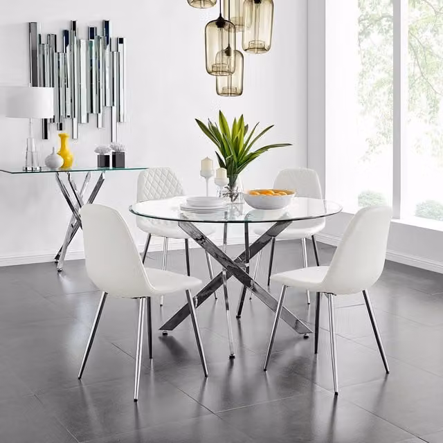 FurnitureboxUK Novara Round Glass and Chrome Dining Table with 4 Corona Silver Chairs Set, White