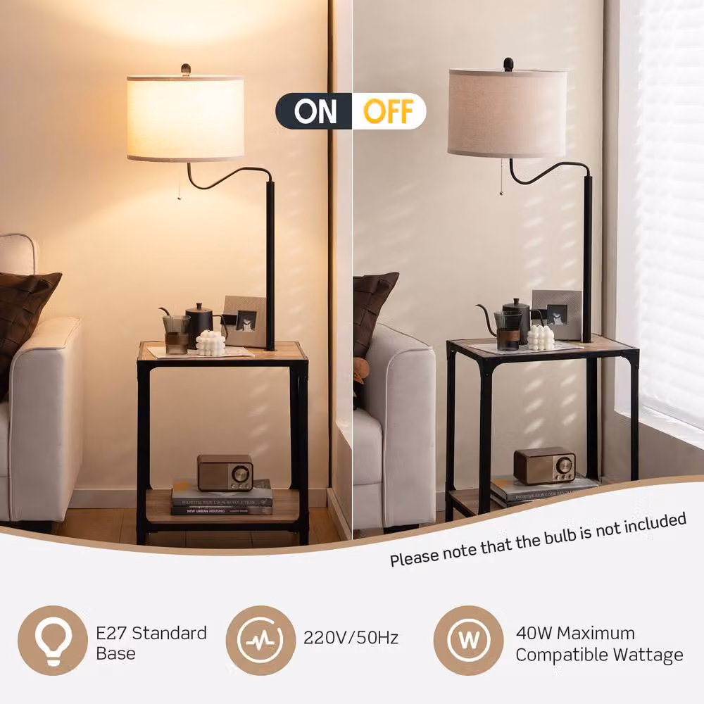 Costway Bedside End Table with Floor Lamp and USB Charging Ports in Brown – 4