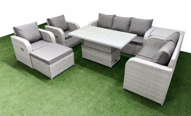 Fimous Grey PE Rattan Garden Furniture Set with Reclining Double Love Seat Sofa and Adjustable Table