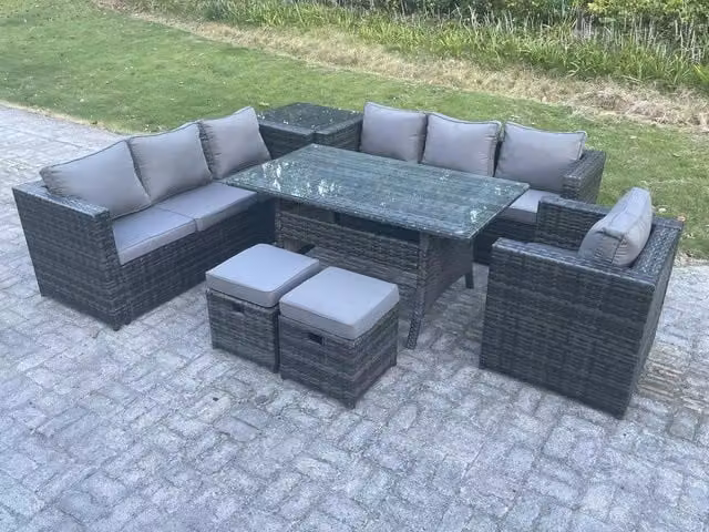 Fimous 9 Seater Outdoor Lounge Sofa and Garden Furniture Set with Rattan Dining Table and 2 Stools in Dark Grey