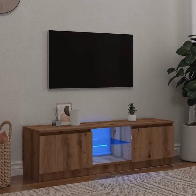 Berkfield Home Modern TV Cabinet with LED Lights in Artisan Oak Brown, W/D/H: 140 x 40 x 35.5 cm – 1