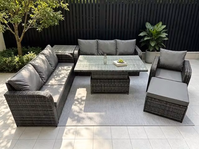 Fimous Rattan Garden Dining Set with Reclining Sofa, Side Table and Footstool in Dark Grey