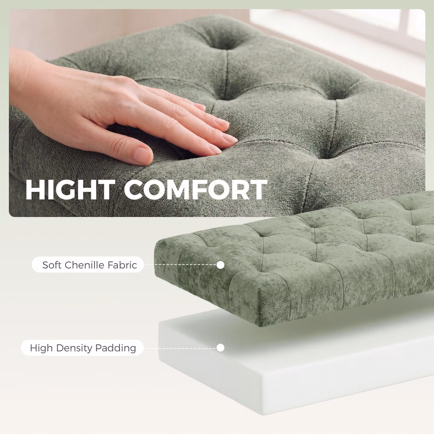 HOMCOM Chenille Upholstered Storage Ottoman with Padded Seat and Metal Legs, Green, W/D/H: 114 x 41 x 45 cm – 4