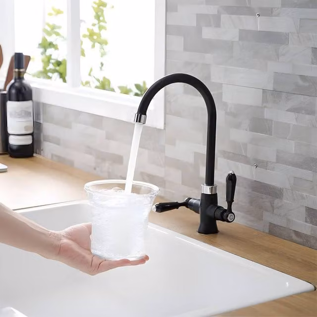 Heable Matte Black Brass Dual Lever Kitchen Mixer Tap with Swivel Spout – 1