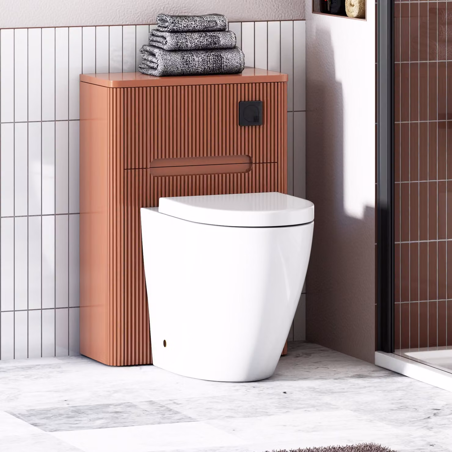 Avenza Terracotta Clay BTW WC Unit with Elva Rimless Short Projection Toilet Pan, Seat and Cistern, Width: 55 cm
