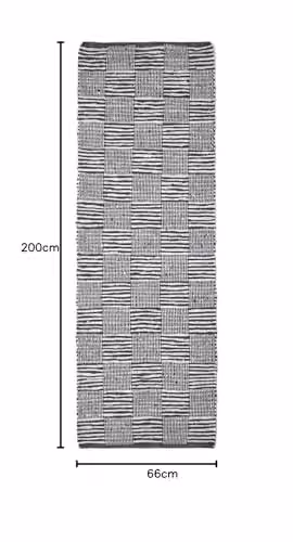 HOMESCAPES Black and White Genuine Leather Hall Runner, Handwoven Striped Block Check Rug with Fringes, W/D/H: 66 x 200 cm – 2