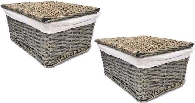 Topfurnishing Set of 2 Brown Open Weave Rattan Lidded Storage Baskets with Linings, Diameter: 35 cm