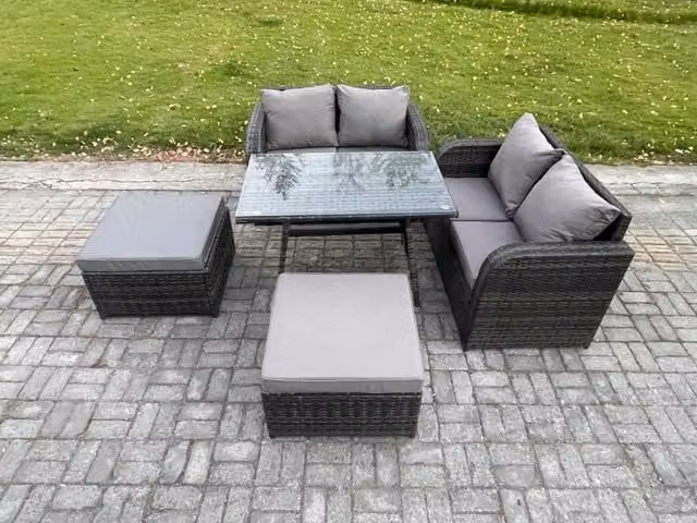 Fimous 5 Piece Wicker Rattan Outdoor Garden Furniture Set with Rectangular Dining Table and Love Sofa in Dark Grey