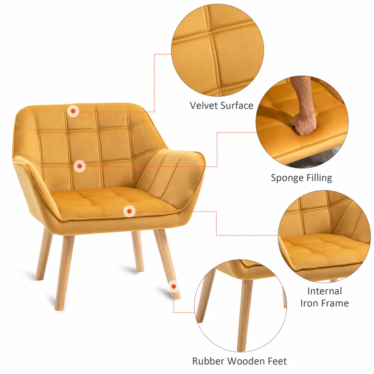 HOMCOM Yellow Velvet Armchair with Wide Arms and Metal Frame and Wooden Legs – 3
